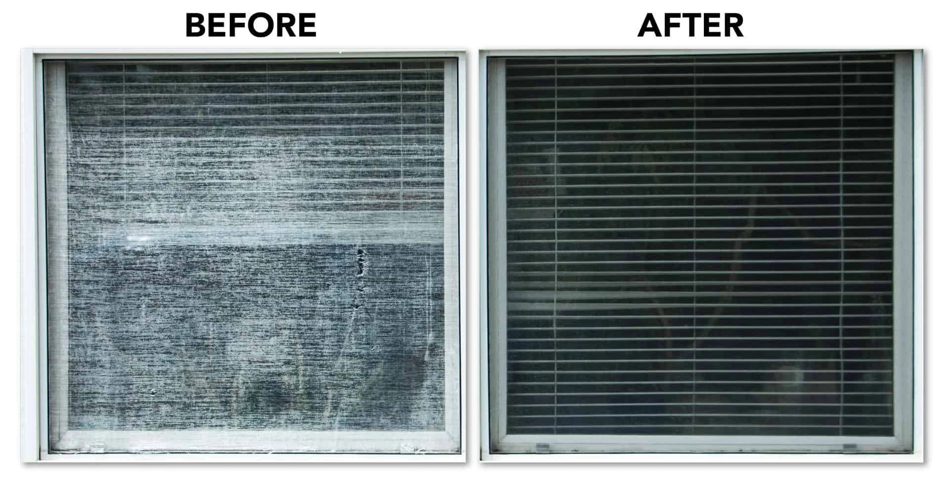 Before and after a window screen repair — a worn, hazy screen on the left and a clean, clear screen on the right.